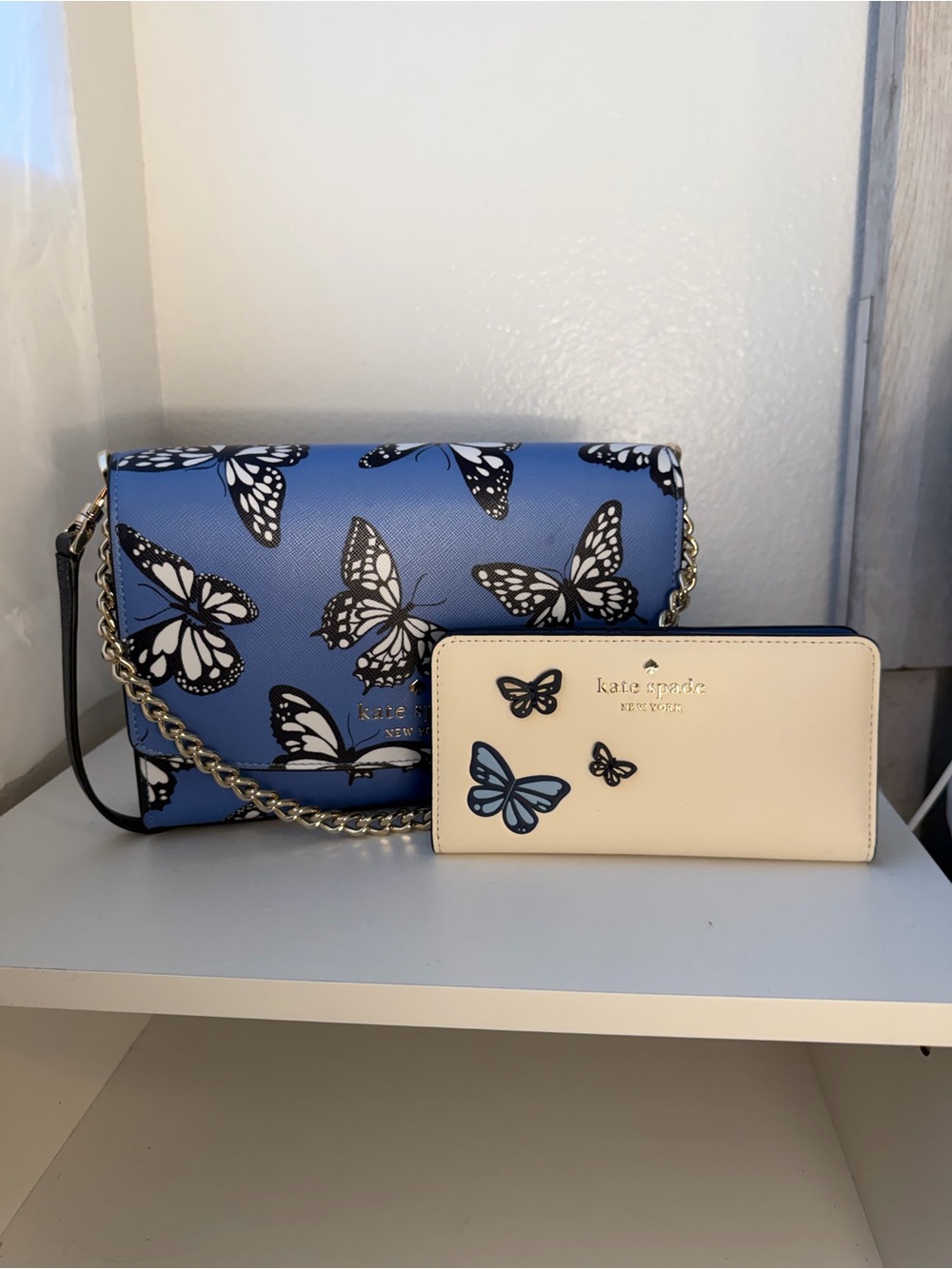 kate spade Blue Butterfly Crossbody Bag with Cream Butterfly Wallet Set